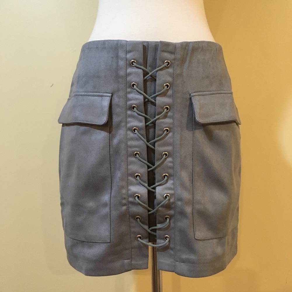 Lace Up Front Sueded Mini Skirt Steel - Picture 3 of 5